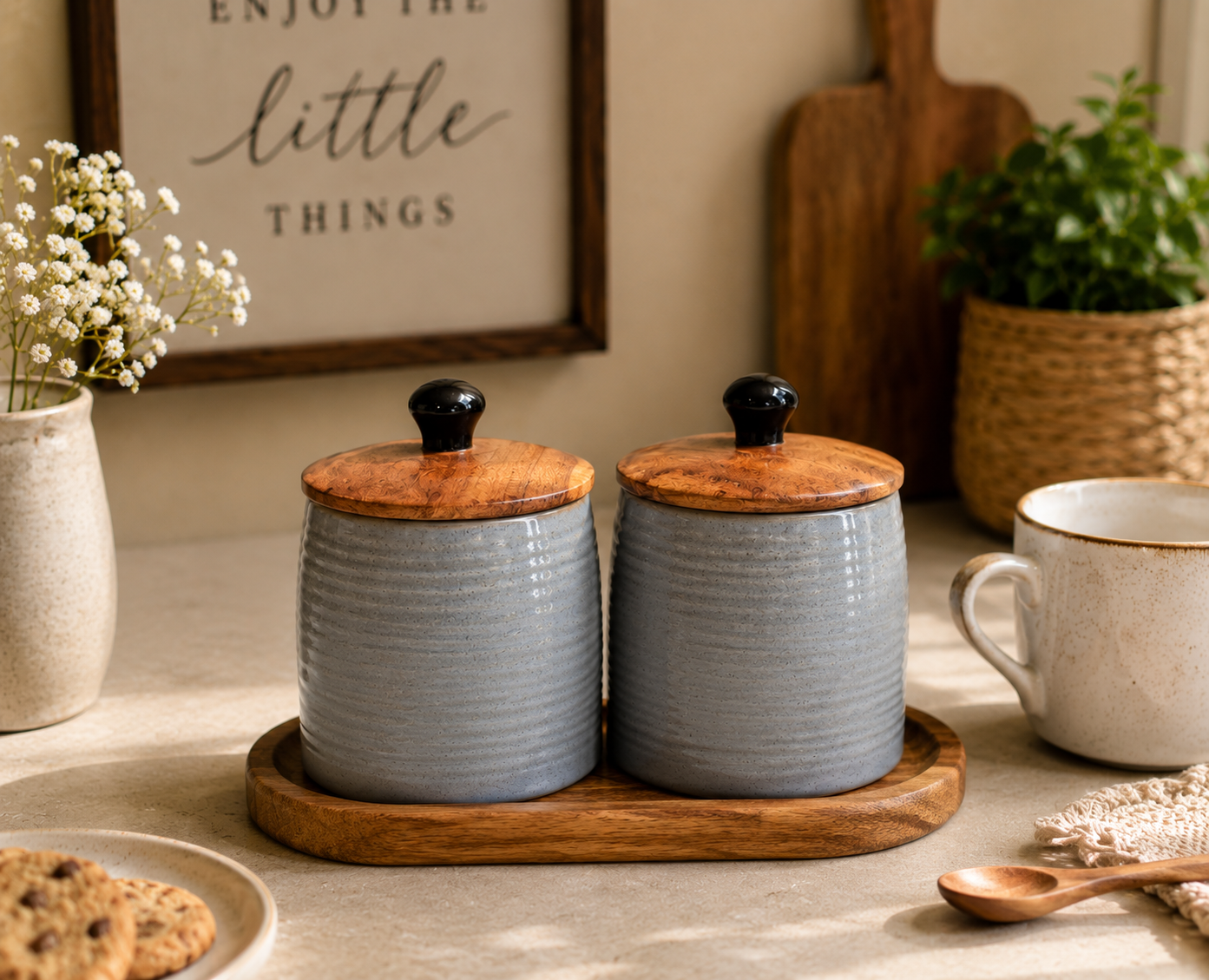 Raw Grey Ceramic Storage Jar Set of 2 | Airtight Wooden Lid Cookie Canisters