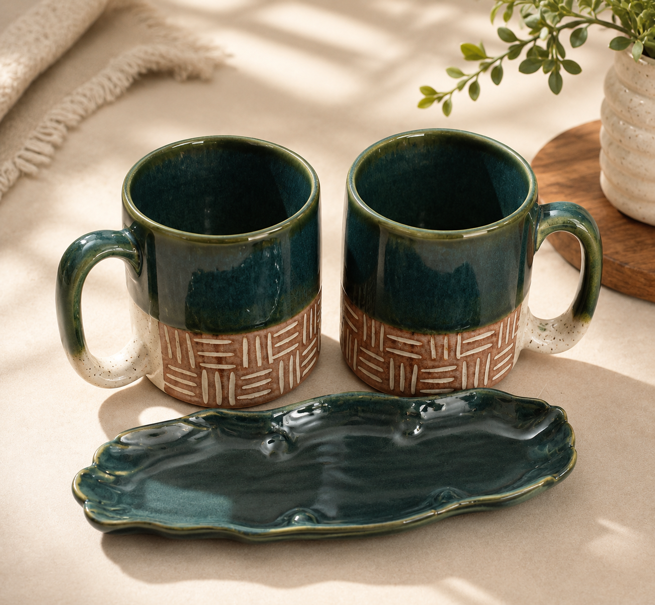 Forest Green Ceramic Coffee Mug Gift Set with Cookie Platter | Set of 2 (300 ml) | Handcrafted Gift for Coffee Lovers