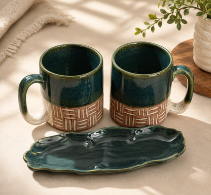 Forest Green Ceramic Coffee Mug Gift Set with Cookie Platter | Set of 2 (300 ml) | Handcrafted Gift for Coffee Lovers