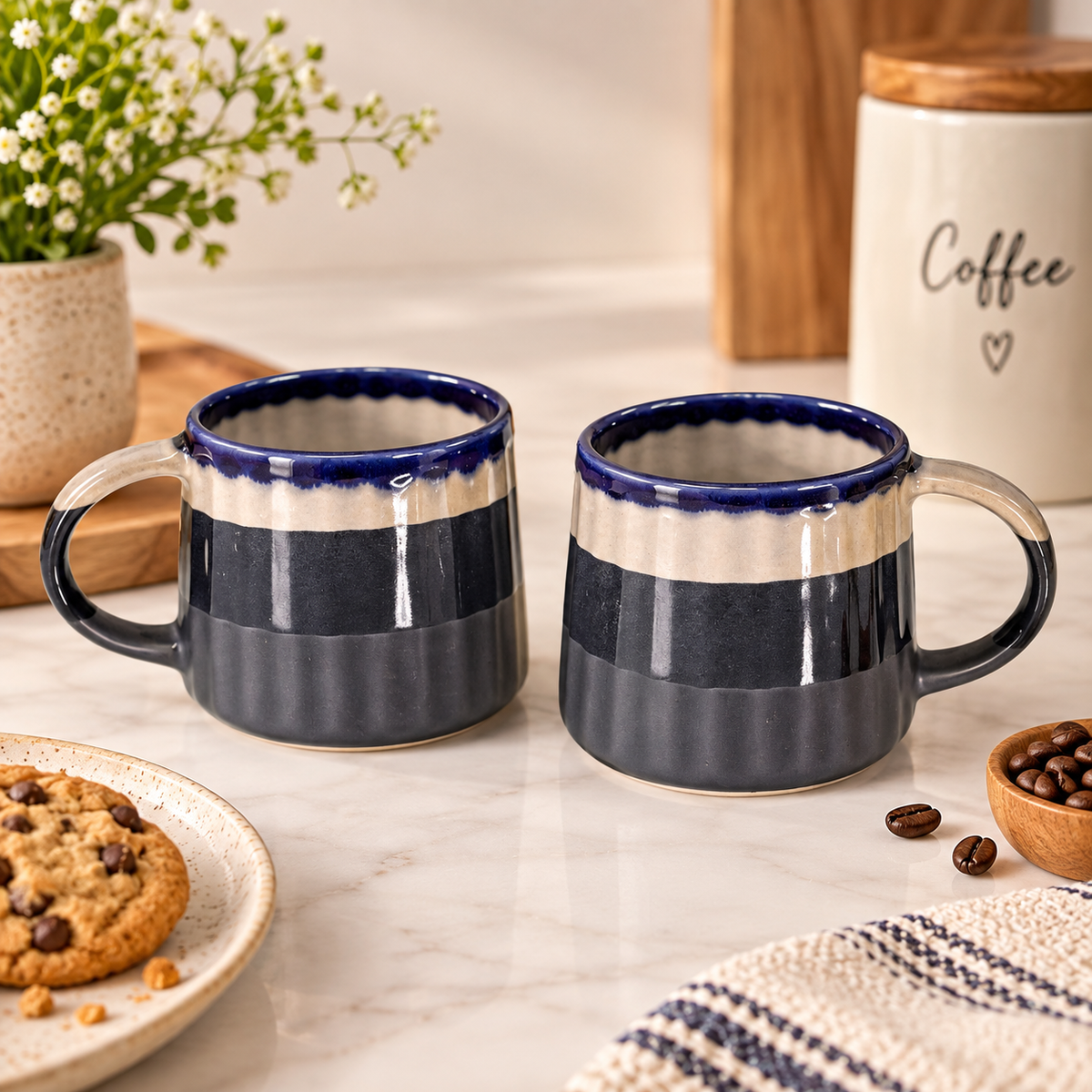 Grey Ribbed Coffee Mugs Set of 2