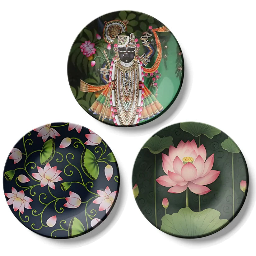 Shrinathji with Lotus Wall Plates [Set of 3]