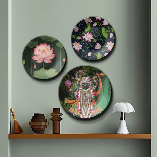 Set of 3 Shrinath Ji and Lotus Pichwai Wall Plates