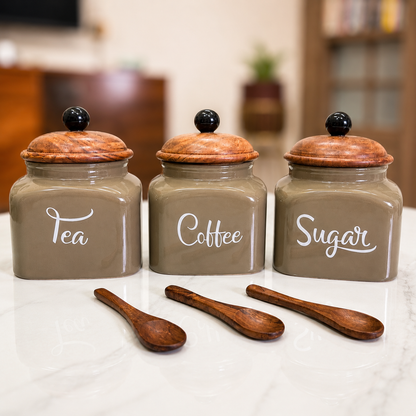 Ceramic Tea, Coffee, and Sugar Airtight Jar Set of 3 | Kitchen Storage