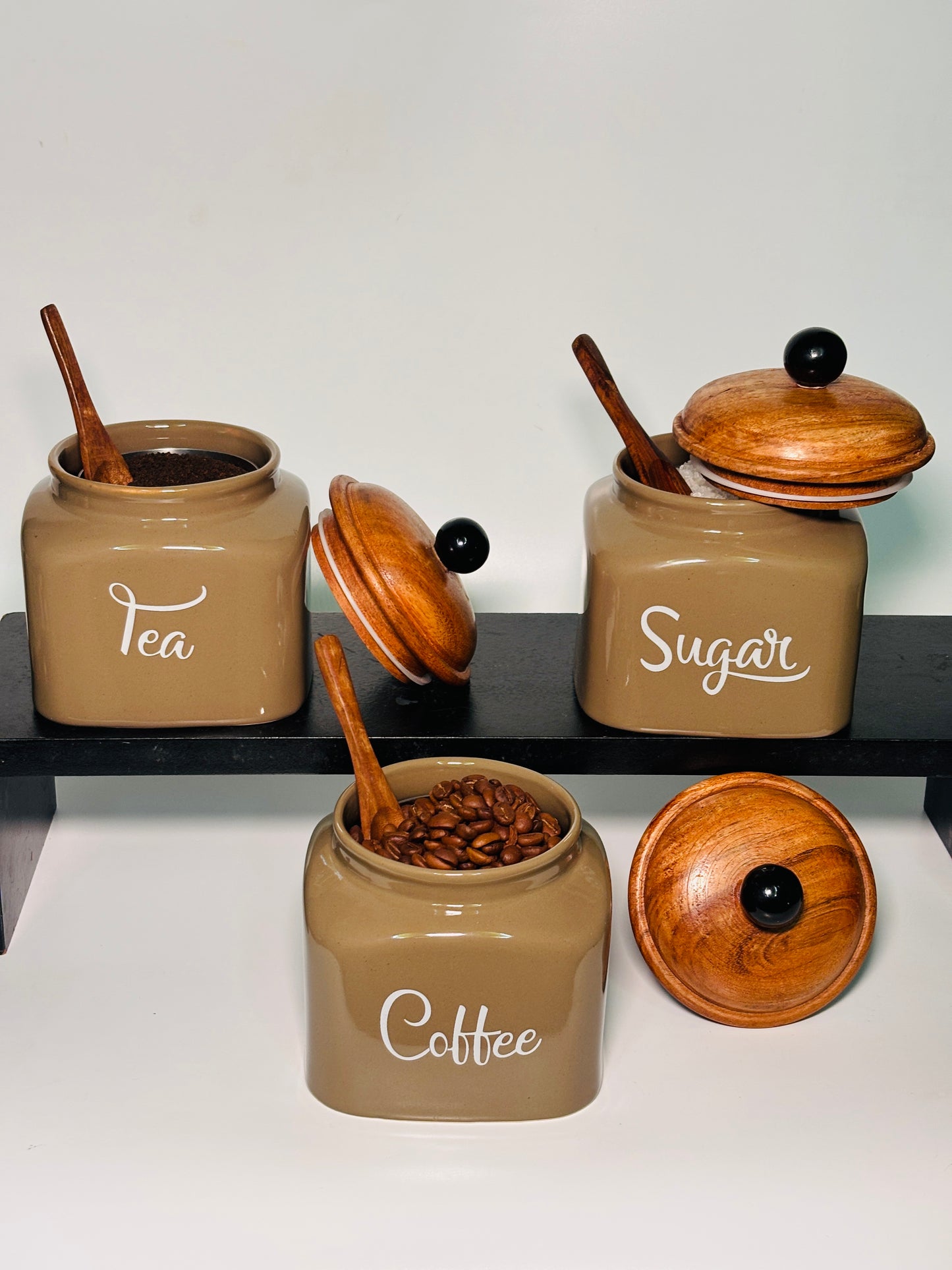 Dakota Navy Porcelain Tea Coffee Sugar Jar Set of 3 with Airtight Wooden Lids