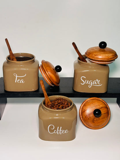 Ceramic Tea, Coffee, and Sugar Airtight Jar Set of 3 | Kitchen Storage
