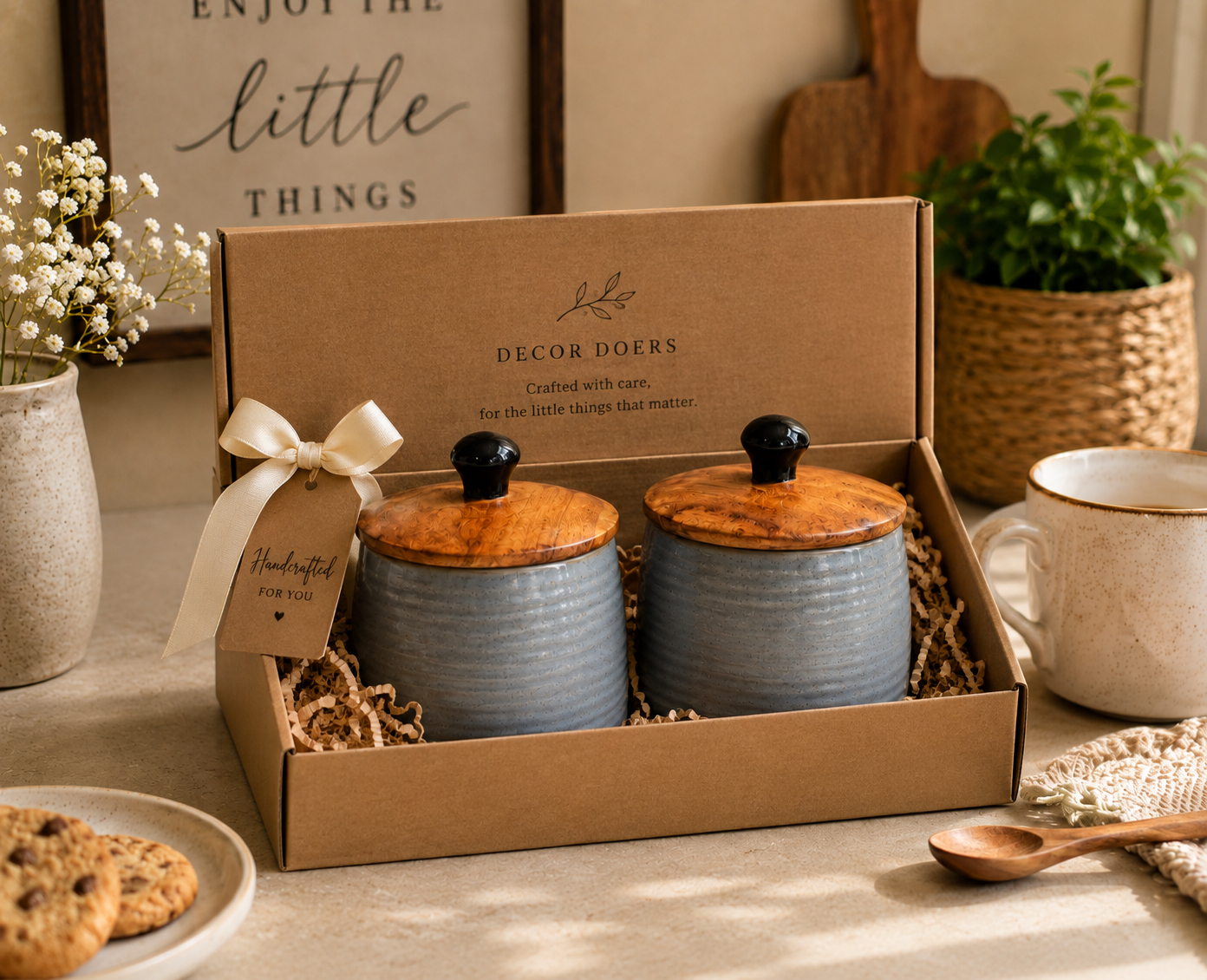 Raw Grey Ceramic Storage Jar Set of 2 | Airtight Wooden Lid Cookie Canisters