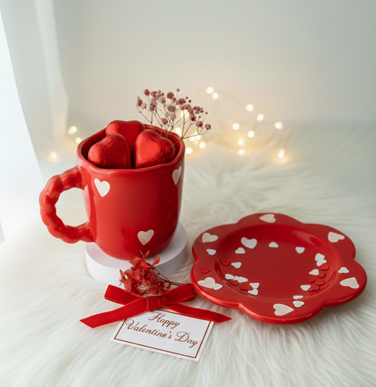 Red Heart Mug with Saucer – Valentine’s Day Gift for Couples