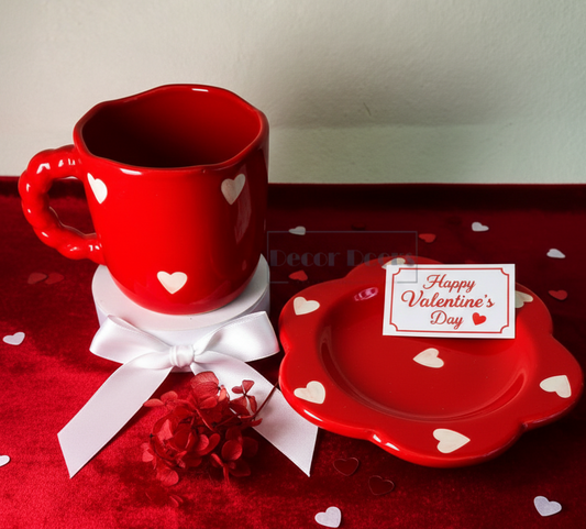 Red Heart Mug with Saucer – Valentine’s Day Gift for Couples