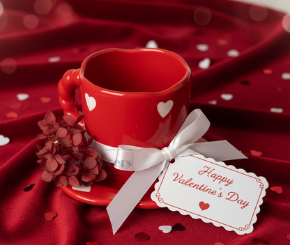 Red Heart Mug with Saucer – Valentine’s Day Gift for Couples