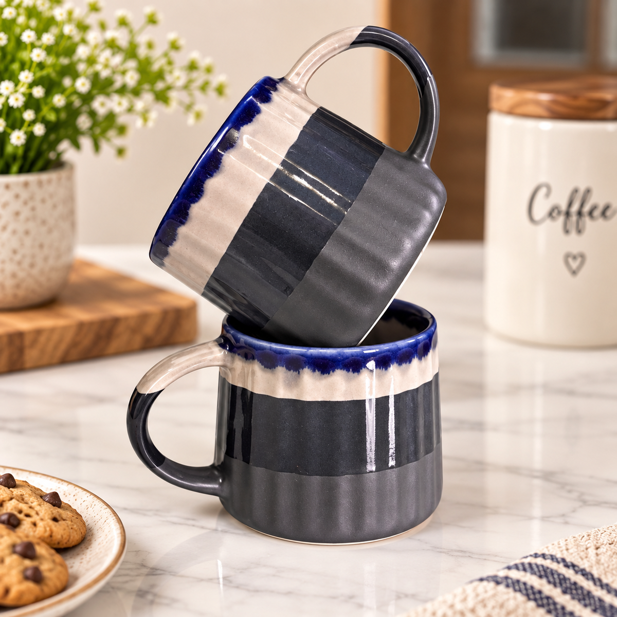 Grey Ribbed Coffee Mugs Set of 2