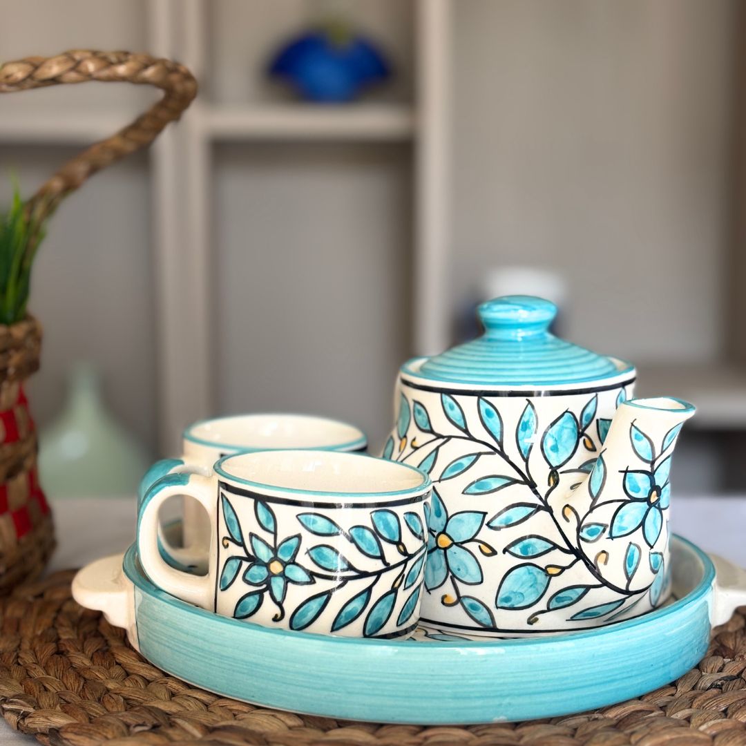 Turqoise Handprinted Ceramic Tea Cup  [Set of 4]