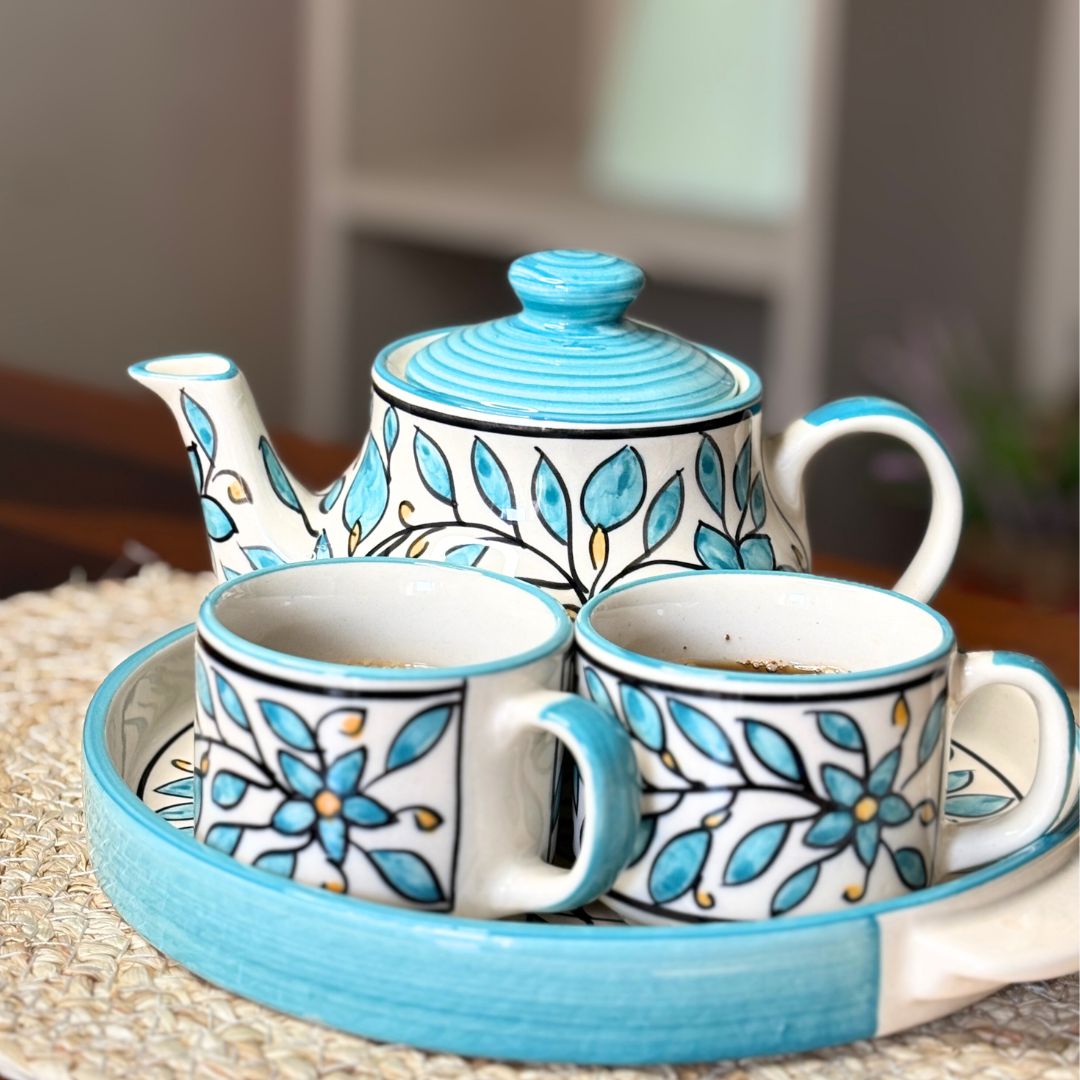 Turqoise Handprinted Ceramic Tea Cup  [Set of 4]