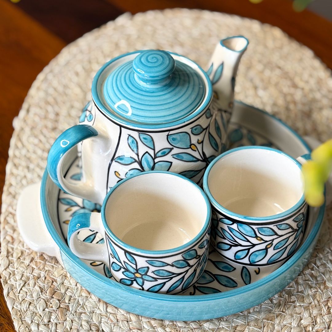 Turqoise Handprinted Ceramic Tea Cup  [Set of 4]
