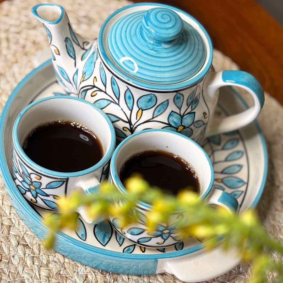 Turqoise Handprinted Ceramic Tea Cup  [Set of 4]