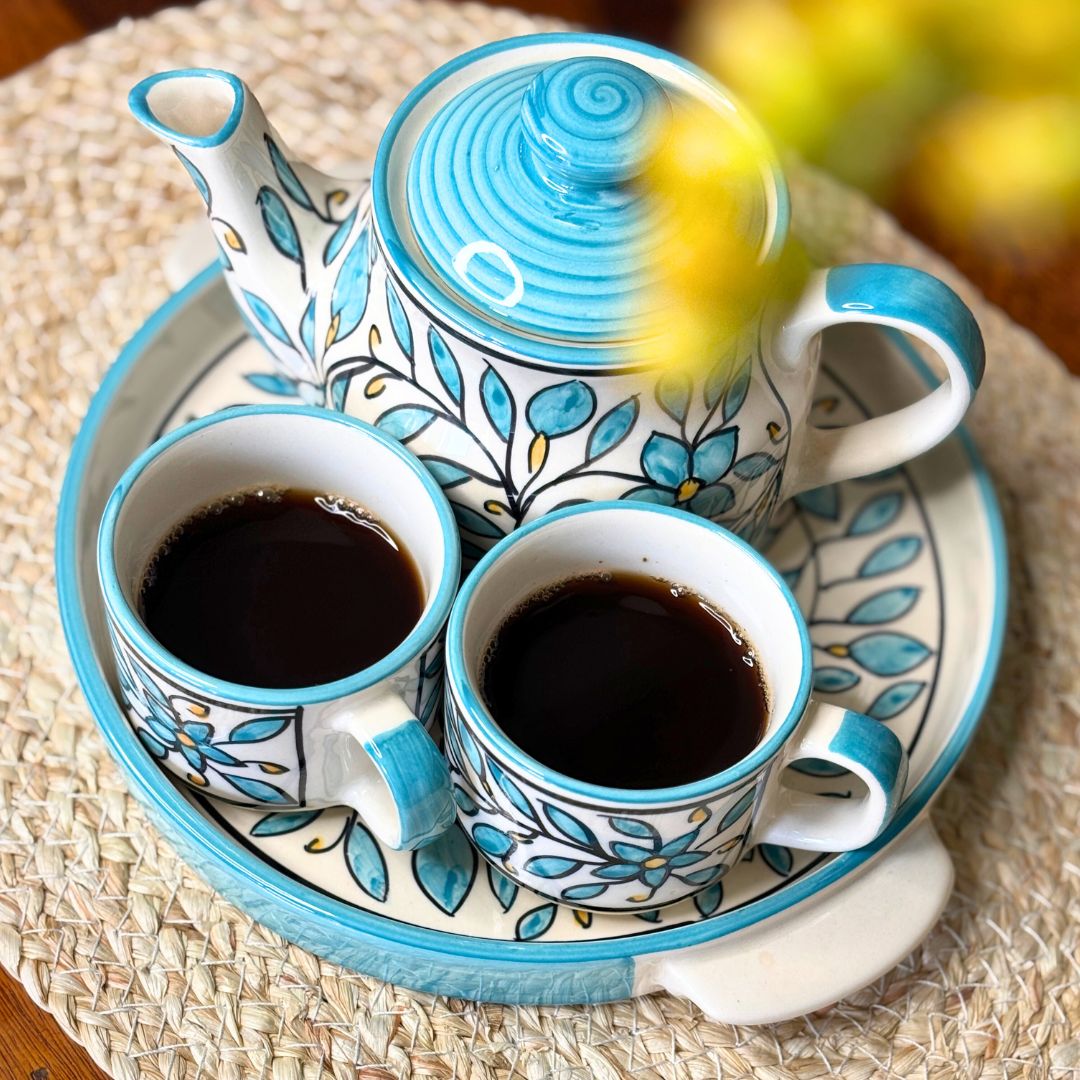 Turqoise Handprinted Ceramic Tea Cup  [Set of 4]