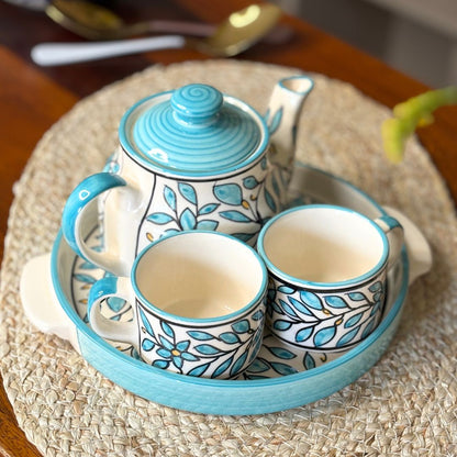 Turqoise Handprinted Ceramic Tea Cup  [Set of 4]