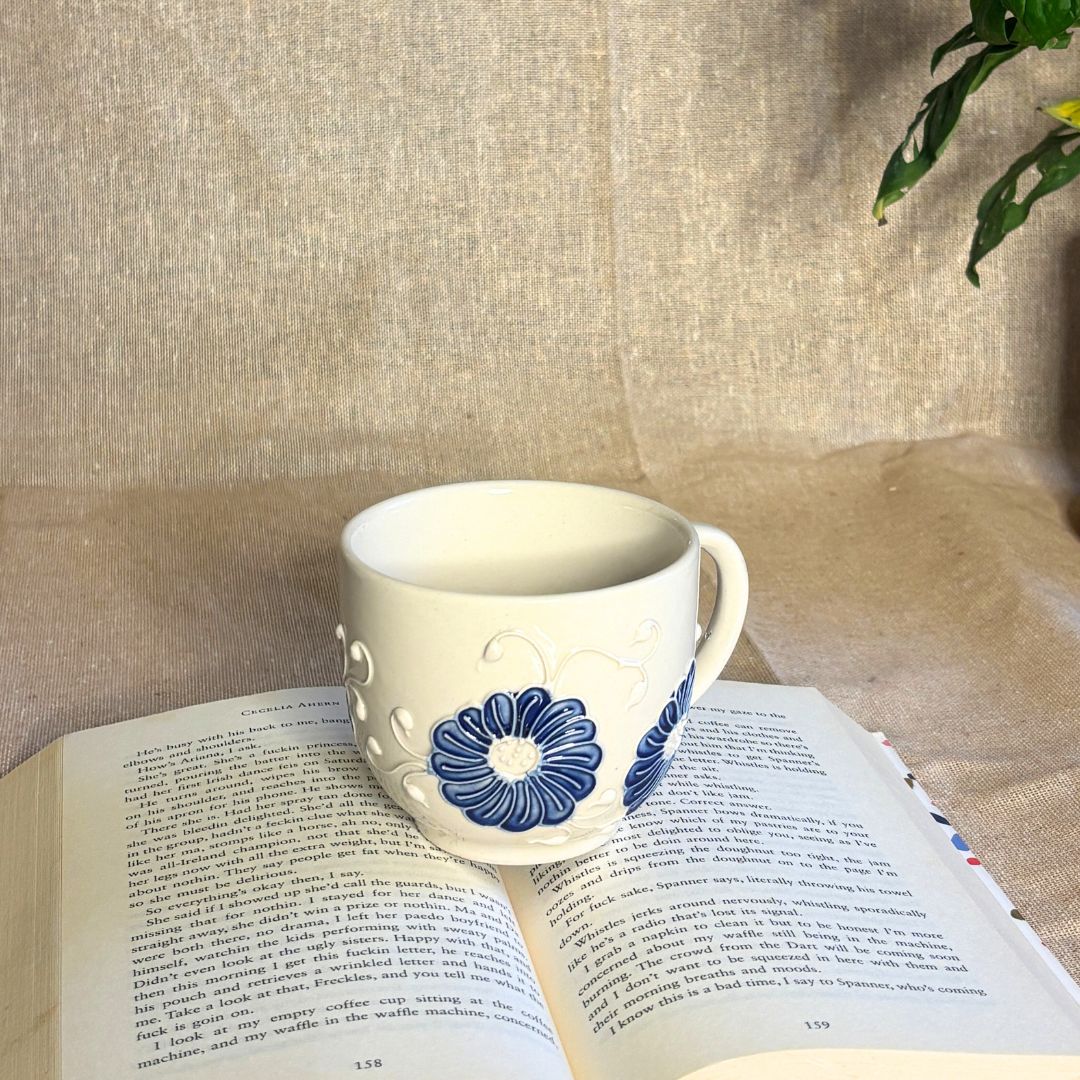 Sara White Cone Handprinted Mug Set of 2 | Ceramic Coffee Mug Set