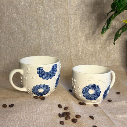 Sara White Cone Handprinted Mug Set of 2 | Ceramic Coffee Mug Set