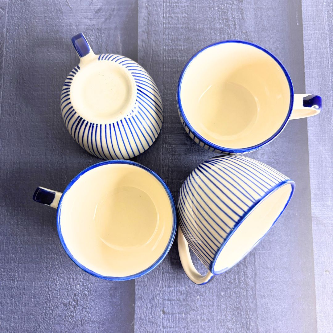 Cera Blue Stripe Tea Cup Set of 4 – Handcrafted Ceramic Cups