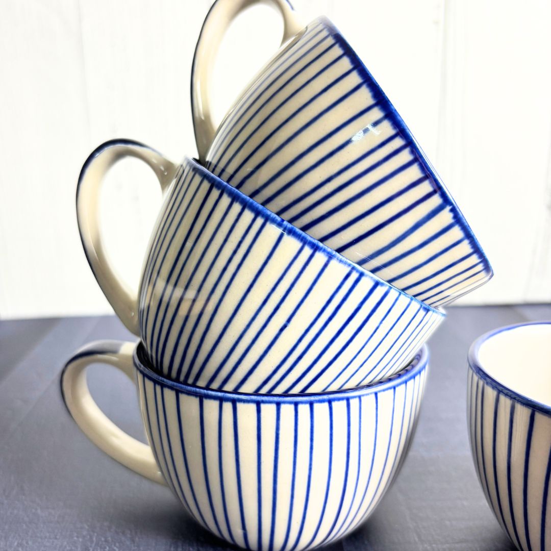 Cera Blue Stripe Tea Cup Set of 4 – Handcrafted Ceramic Cups