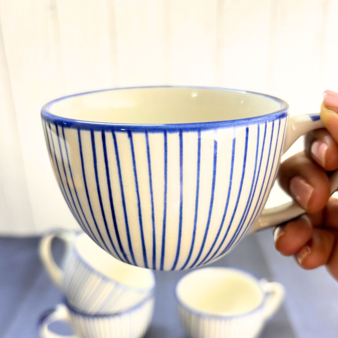 Cera Blue Stripe Tea Cup Set of 4 – Handcrafted Ceramic Cups