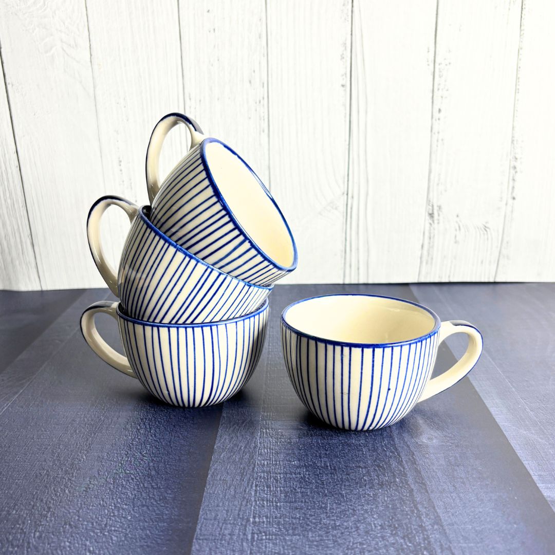 Cera Blue Stripe Tea Cup Set of 4 – Handcrafted Ceramic Cups