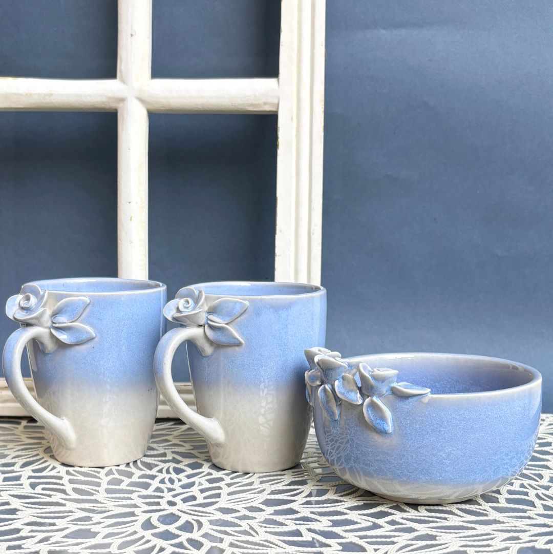 Sapphire Blooming Ceramic Coffee Mug Set with Bowl – Handcrafted Luxury