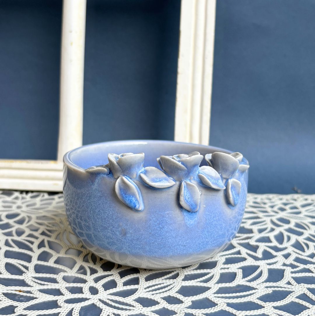 Sapphire Blooming Ceramic Coffee Mug Set with Bowl – Handcrafted Luxury