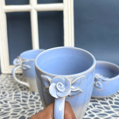 Sapphire Blooming Ceramic Coffee Mug Set with Bowl – Handcrafted Luxury