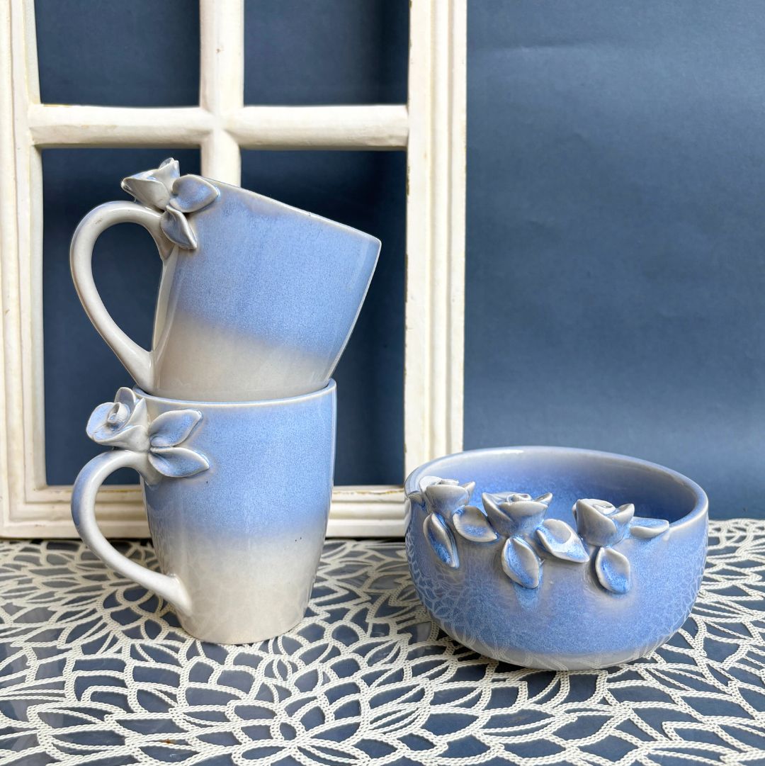 Sapphire Blooming Ceramic Coffee Mug Set with Bowl – Handcrafted Luxury