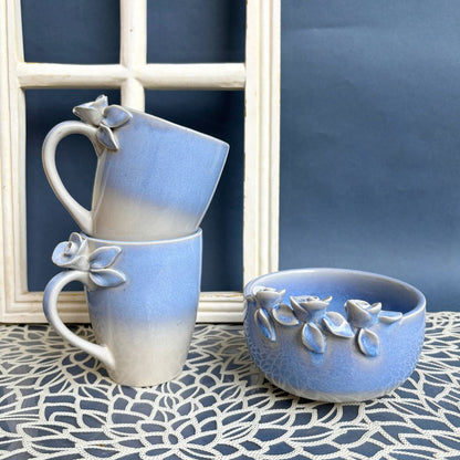 Sapphire Blooming Ceramic Coffee Mug Set with Bowl – Handcrafted Luxury