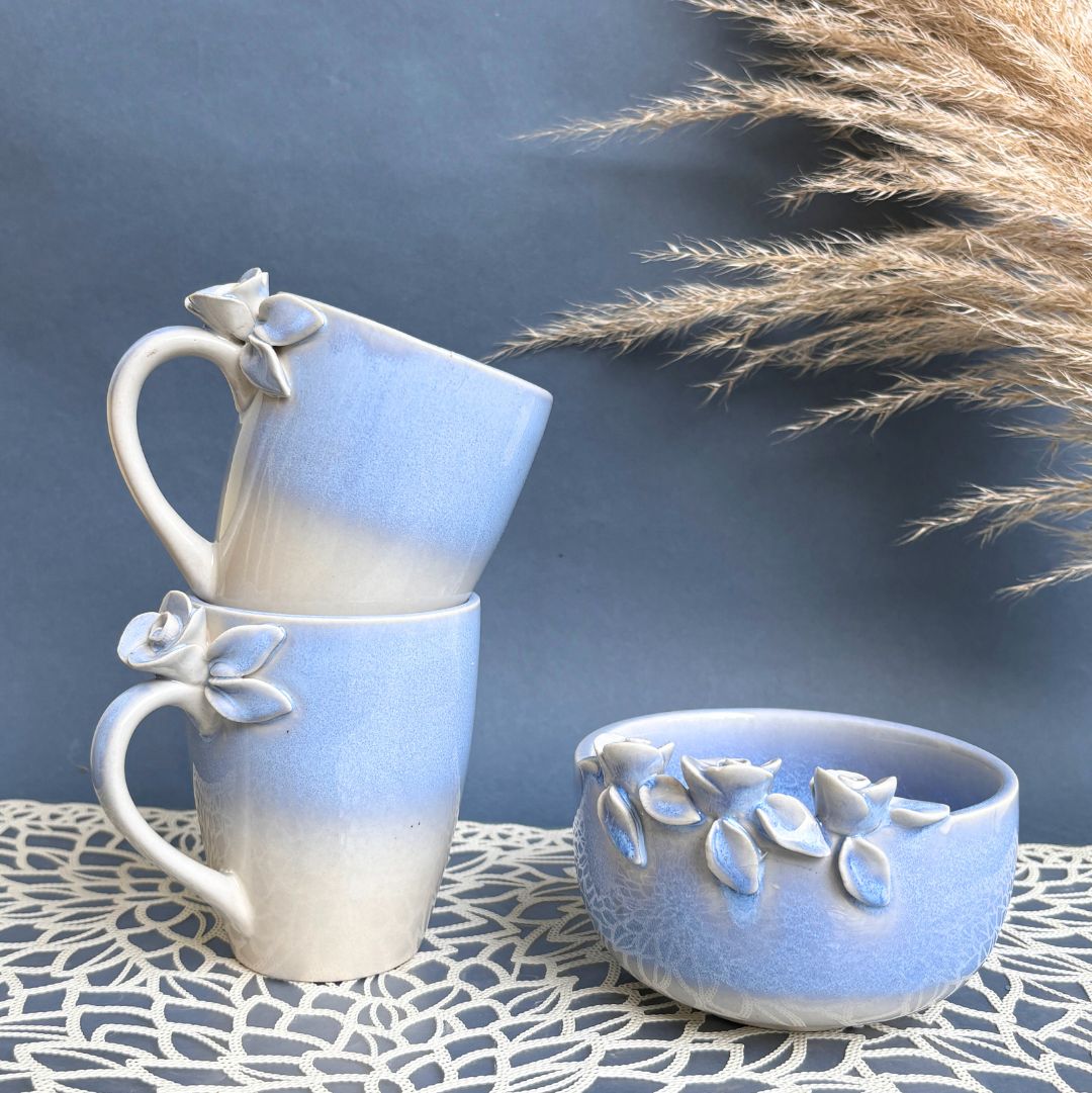 Sapphire Blooming Ceramic Coffee Mug Set with Bowl – Handcrafted Luxury
