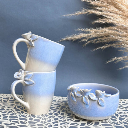 Sapphire Blooming Ceramic Coffee Mug Set with Bowl – Handcrafted Luxury