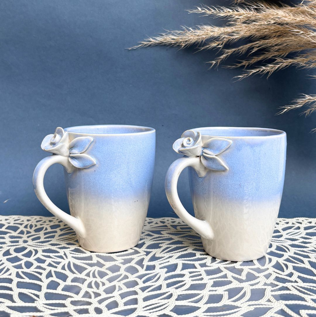Sapphire Blooming Ceramic Coffee Mug Set with Bowl – Handcrafted Luxury