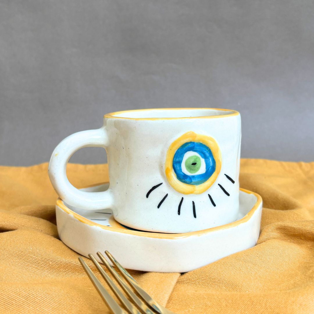 Eye Cuo Evil Eye Ceramic Cup & Saucer Set Yellow & White Ceramic – Decor Doers