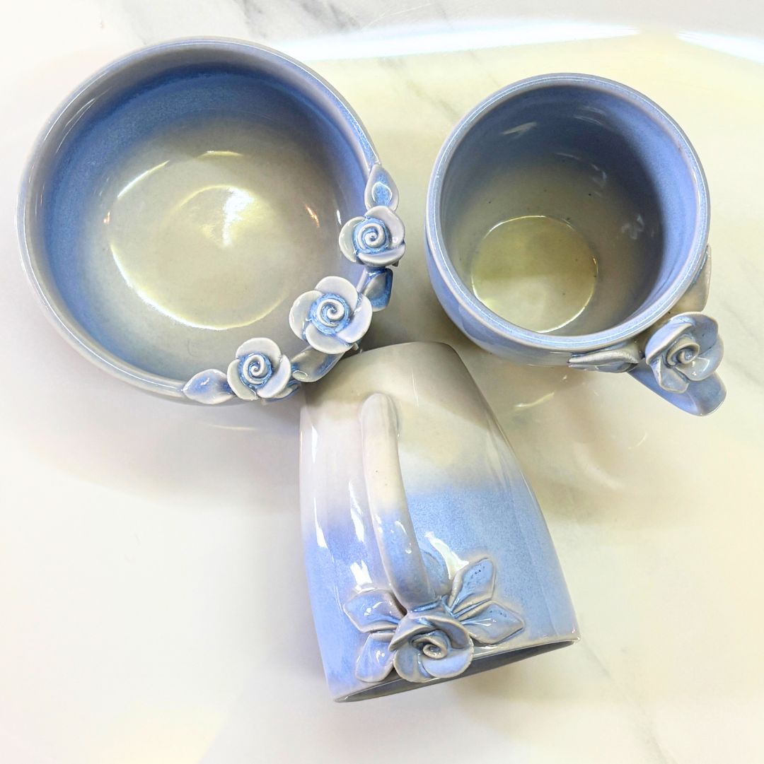 Sapphire Blooming Ceramic Coffee Mug Set with Bowl – Handcrafted Luxury