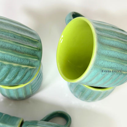 Premium Ribbed Green Ceramic Tea Cup Set of 6 – Classic Handcrafted Design