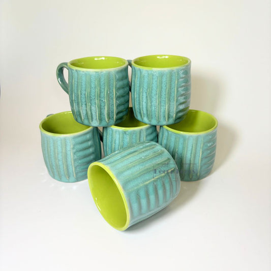 Premium Ribbed Green Ceramic Tea Cup Set of 6 – Classic Handcrafted Design