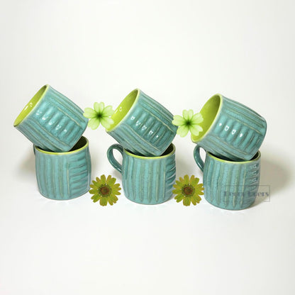 Premium Ribbed Green Ceramic Tea Cup Set of 6 – Classic Handcrafted Design