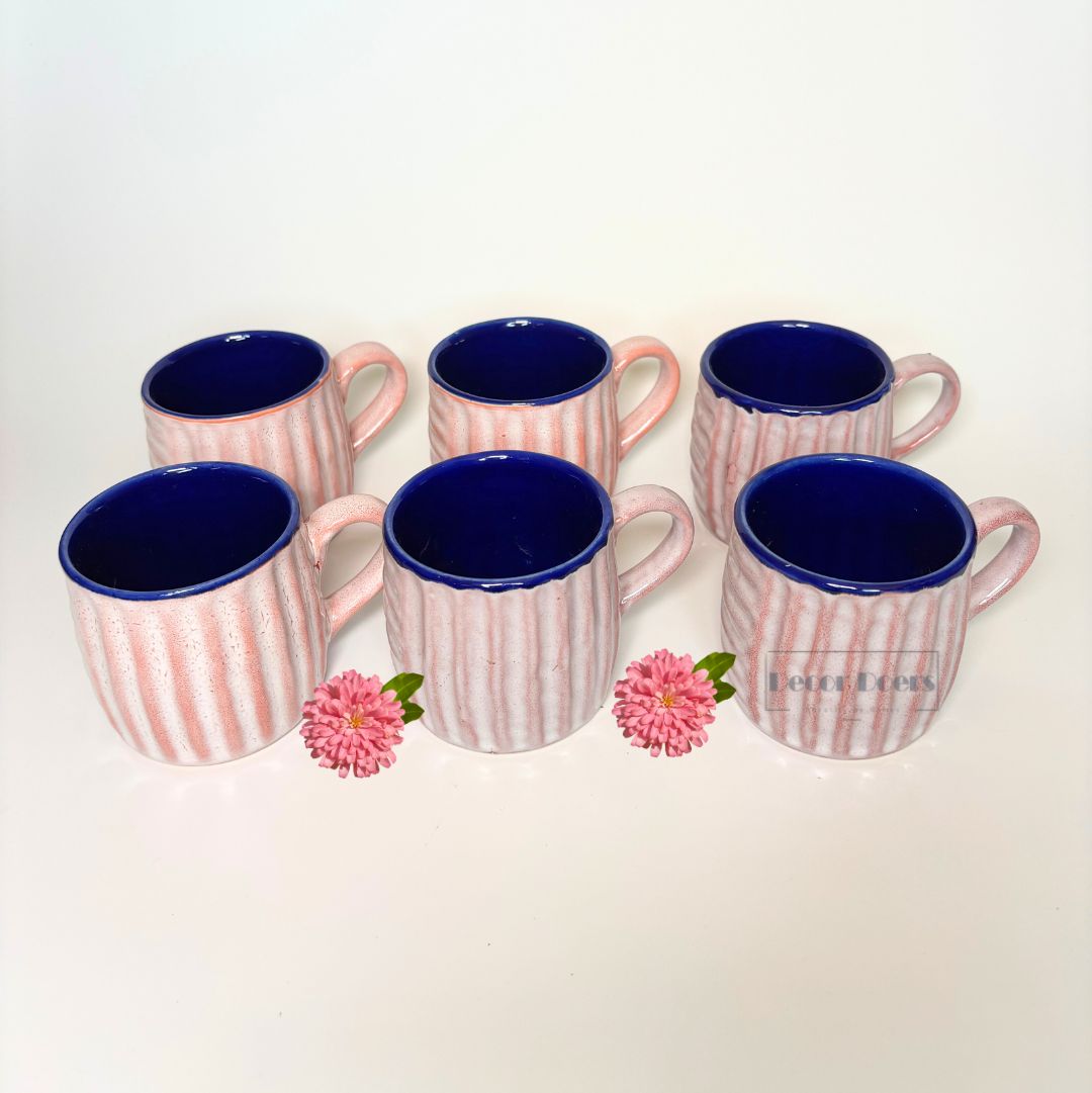 Stylish Ribbed Pink & Violet Ceramic Tea Cup Set of 6 – Premium Coffee & Tea Cups