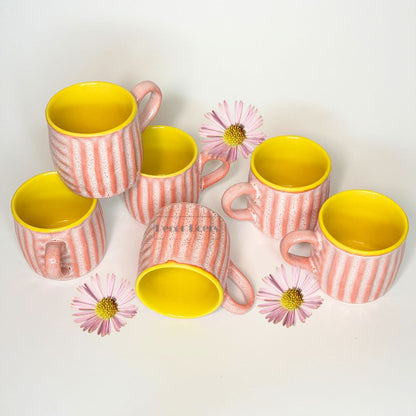 Premium Ribbed Pink & Yellow Ceramic Tea Cup Set of 6 – Coffee & Tea Cups