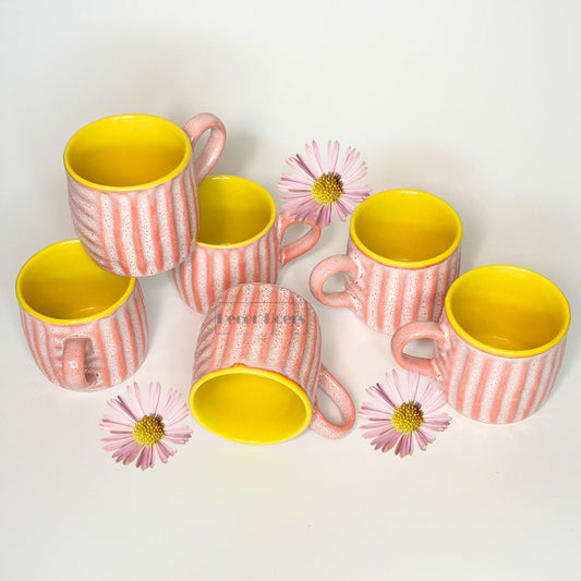 Premium Ribbed Pink & Yellow Ceramic Tea Cup Set of 6 – Coffee & Tea Cups