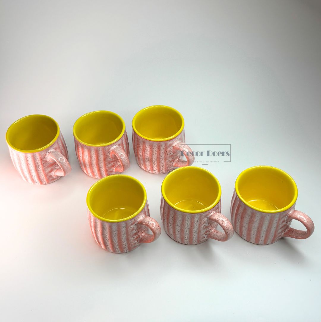 Premium Ribbed Pink & Yellow Ceramic Tea Cup Set of 6 – Coffee & Tea Cups