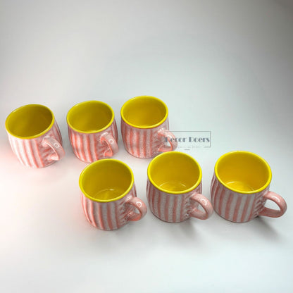 Premium Ribbed Pink & Yellow Ceramic Tea Cup Set of 6 – Coffee & Tea Cups