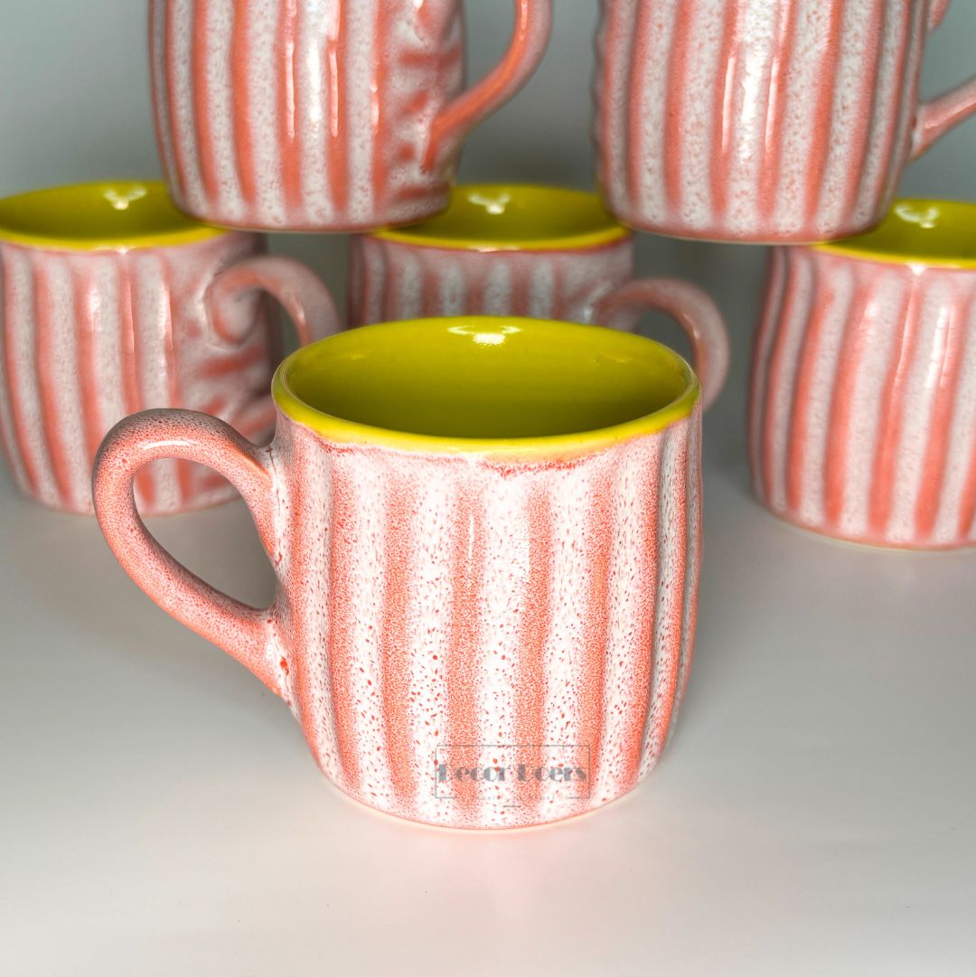 Premium Ribbed Pink & Yellow Ceramic Tea Cup Set of 6 – Coffee & Tea Cups