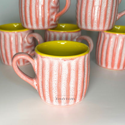 Premium Ribbed Pink & Yellow Ceramic Tea Cup Set of 6 – Coffee & Tea Cups