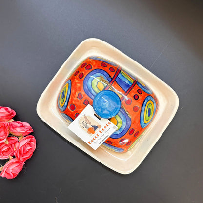 Rustic Orange Butter Dish | Hand-Painted Ceramic Butter Dish with Lid