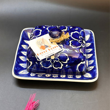 Indigo Floral Butter Dish | Handcrafted Ceramic Butter Dish with Lid