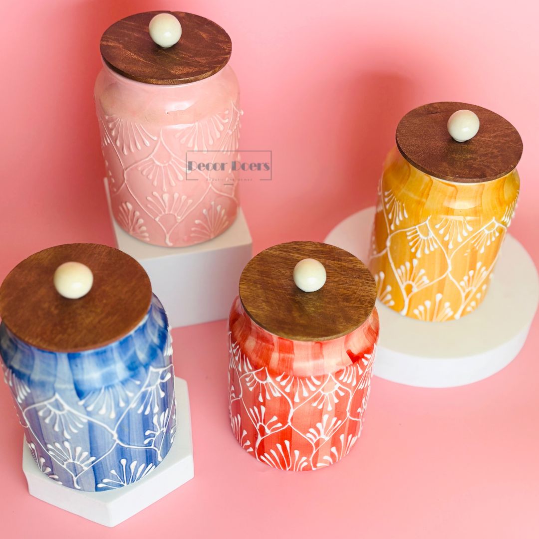 Prism Airtight Ceramic Jar Set of 4 - Handcrafted Colourful Storage Jars