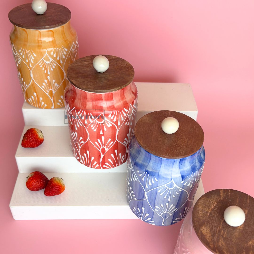 Prism Airtight Ceramic Jar Set of 4 - Handcrafted Colourful Storage Jars